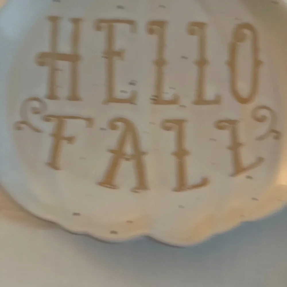 Hello Fall Ceramic Pumpkin Plate – White & Gold Autumn Decor
